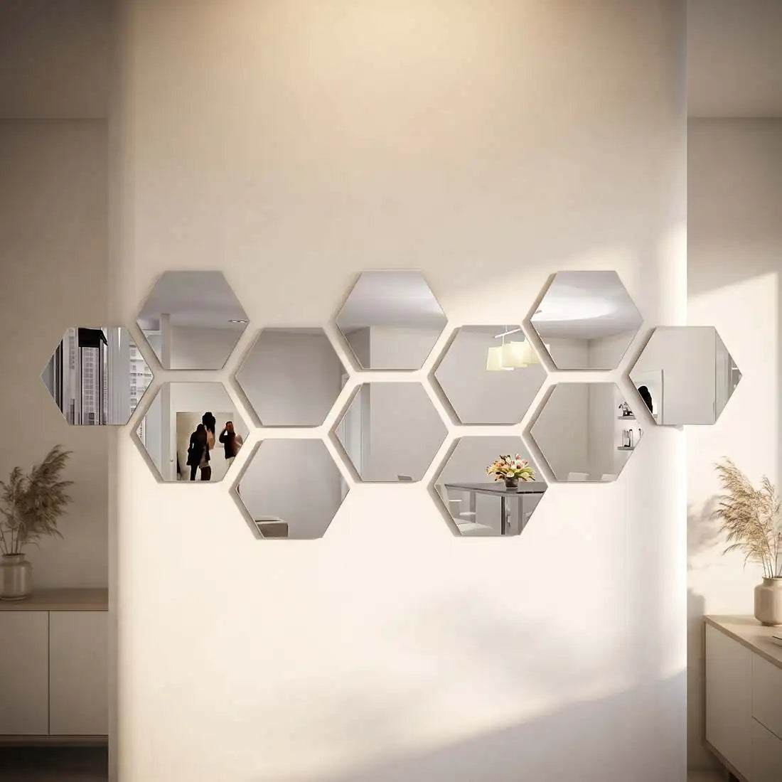 Silver hexagon acrylic mirror stickers arranged in a honeycomb on a wall